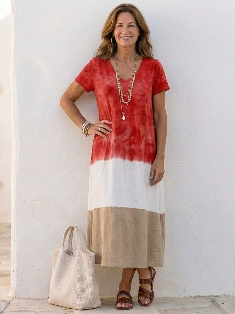 V-Neck Color Block Short Sleeve Jersey A-Line Maxi Dress