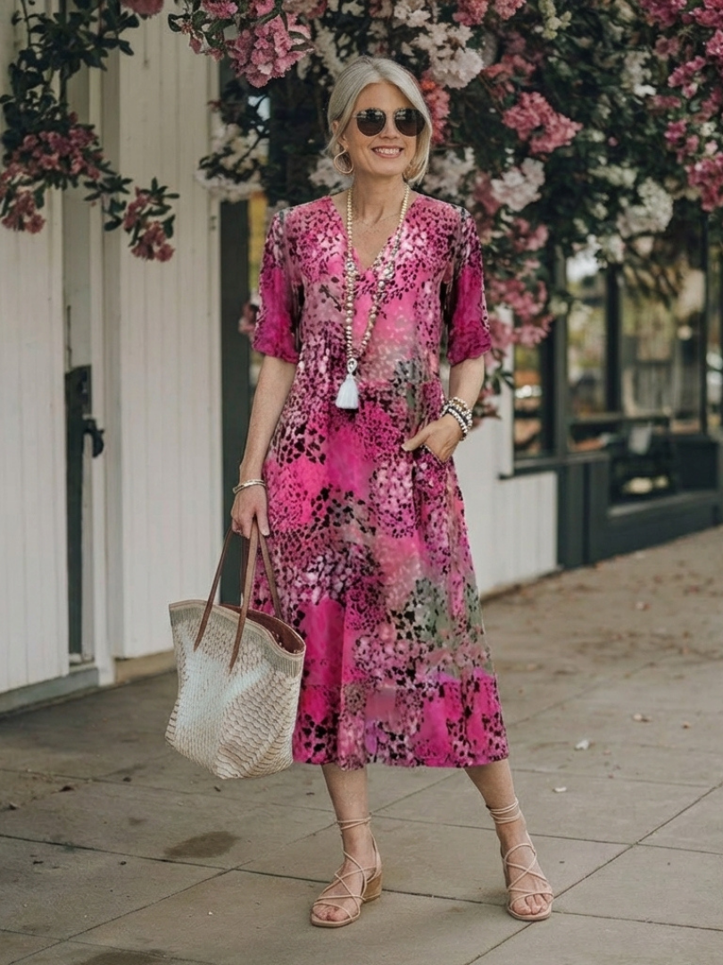 V-Neck Short Sleeve Leopard Print Pocket A-Line Midi Dress