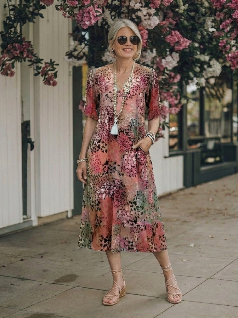 V-Neck Short Sleeve Leopard Print Pocket A-Line Midi Dress