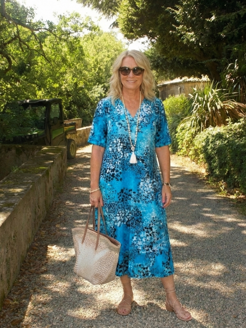 V-Neck Short Sleeve Leopard Print Pocket A-Line Midi Dress