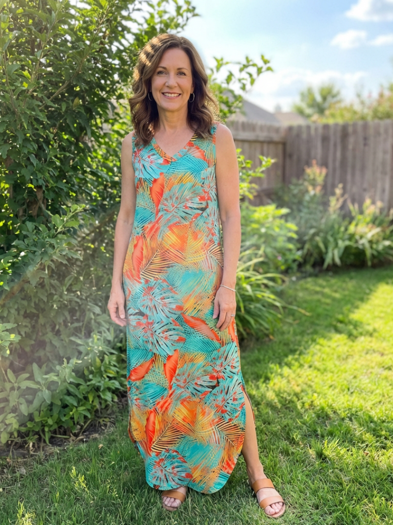 V-Neck Tropical Palm Print Sleeveless Side-Slit Maxi Dress