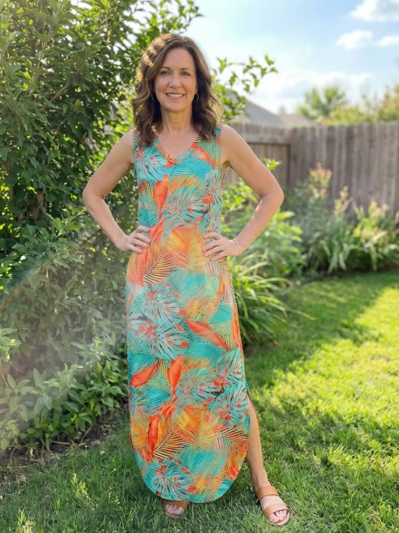 V-Neck Tropical Palm Print Sleeveless Side-Slit Maxi Dress
