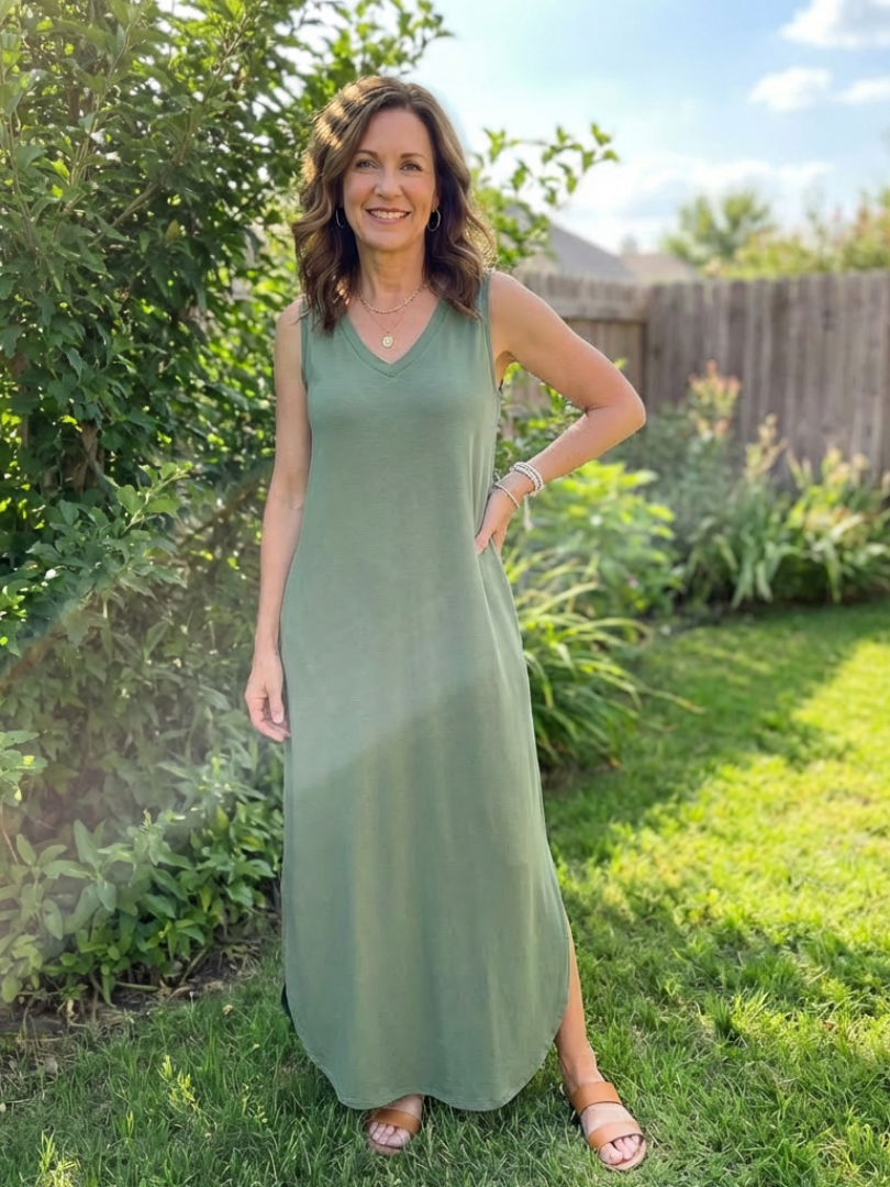 V-Neck Tropical Palm Print Sleeveless Side-Slit Maxi Dress