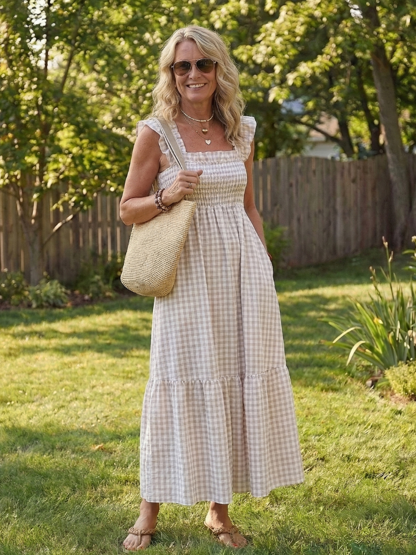 Square Neck Ruffle Strap Gingham Smocked Tiered Maxi Dress