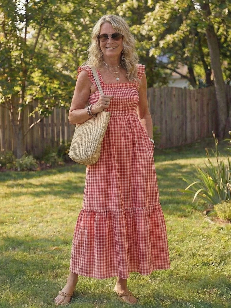 Square Neck Ruffle Strap Gingham Smocked Tiered Maxi Dress 3