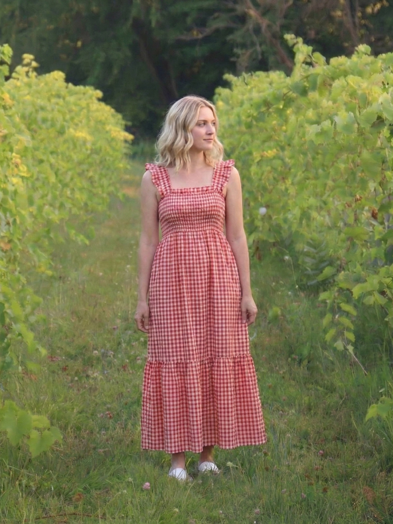 Square Neck Ruffle Strap Gingham Smocked Tiered Maxi Dress 6