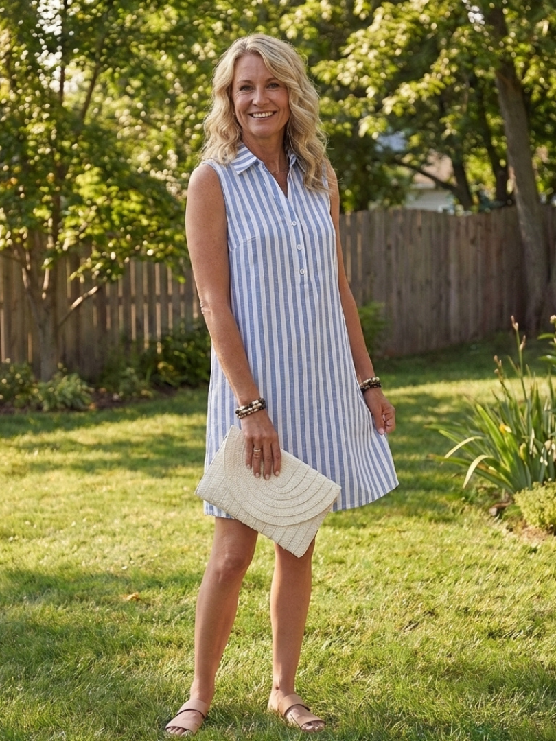 Collared Sleeveless Striped Button Front Shirt Mini Dress