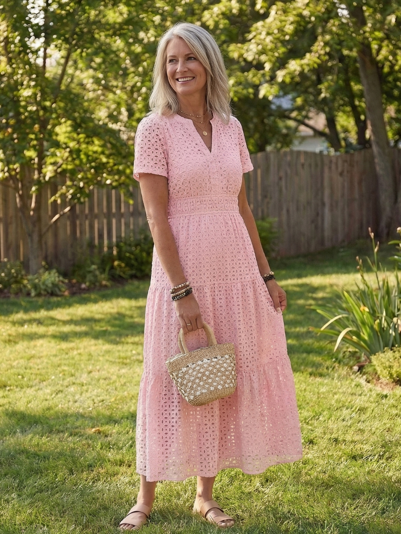 Notch Neck Eyelet Short Sleeve Smocked Waist Tiered Midi Dress
