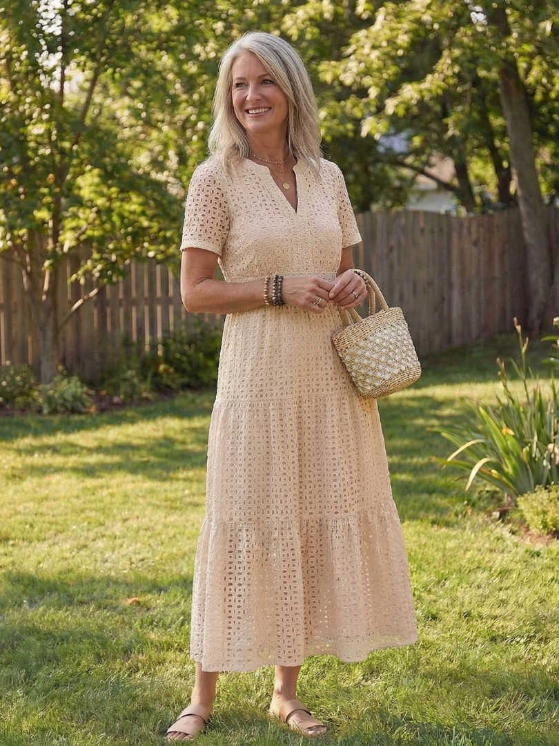 Notch Neck Eyelet Short Sleeve Smocked Waist Tiered Midi Dress