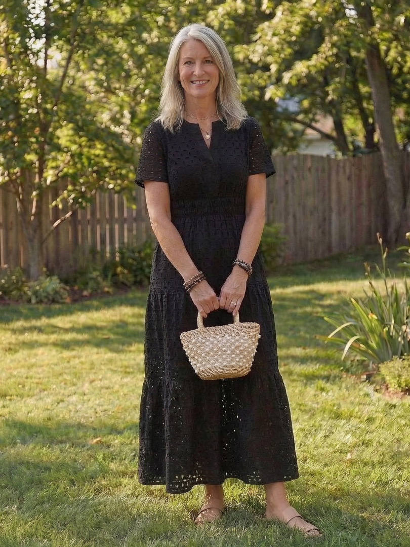 Notch Neck Eyelet Short Sleeve Smocked Waist Tiered Midi Dress