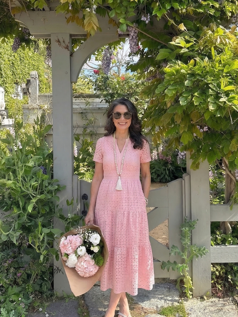 Notch Neck Eyelet Short Sleeve Smocked Waist Tiered Midi Dress