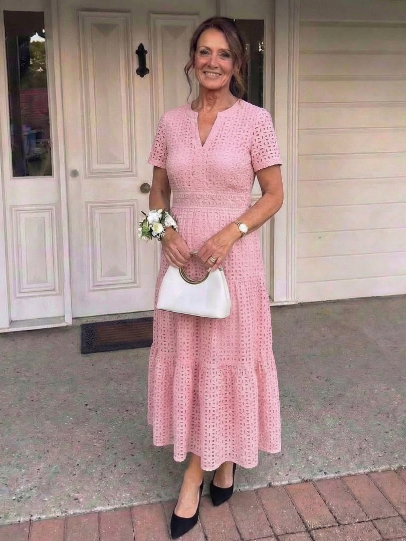 Notch Neck Eyelet Short Sleeve Smocked Waist Tiered Midi Dress