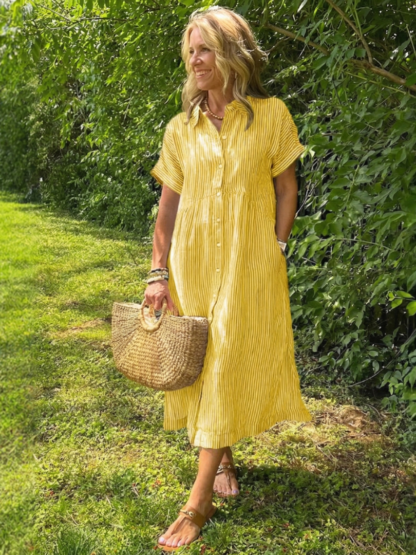 Collared Striped Button Front Short Sleeve Shirt Maxi Dress 4