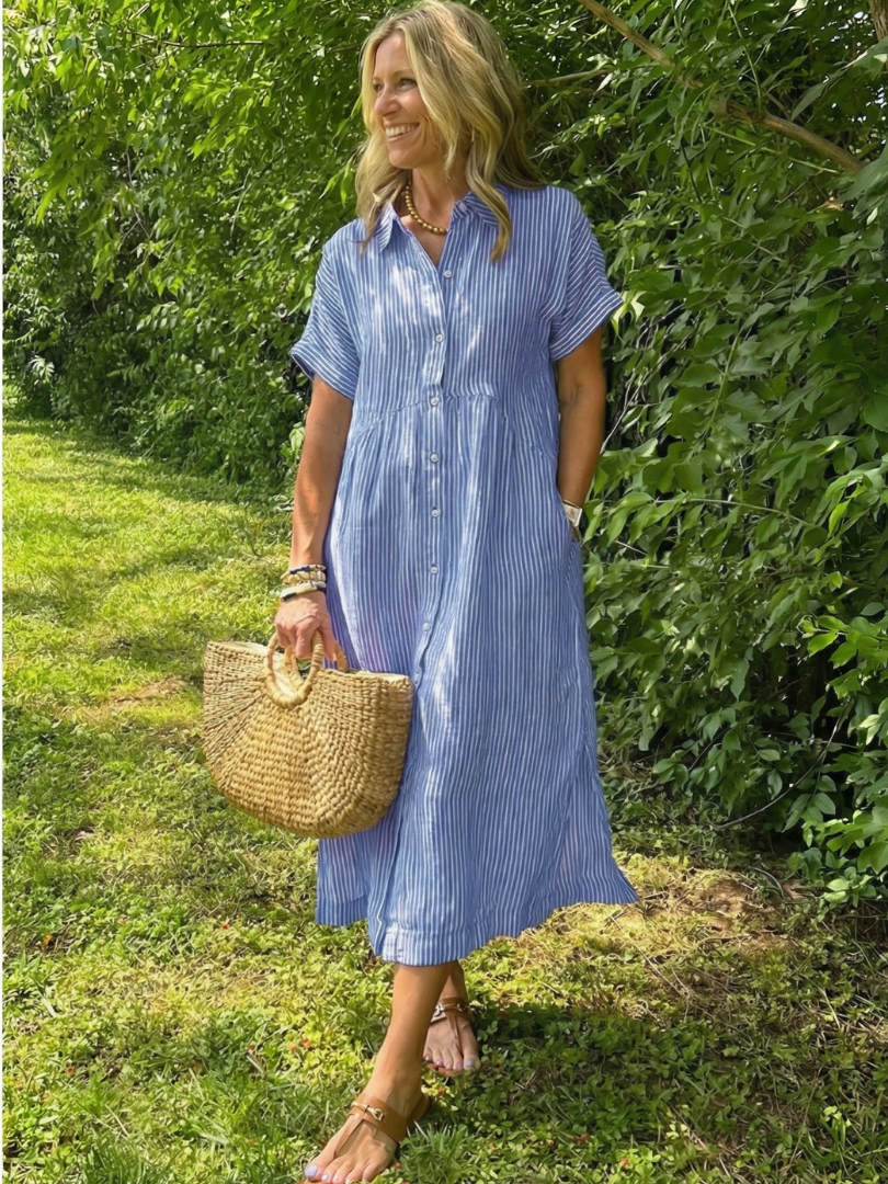 Collared Striped Button Front Short Sleeve Shirt Maxi Dress