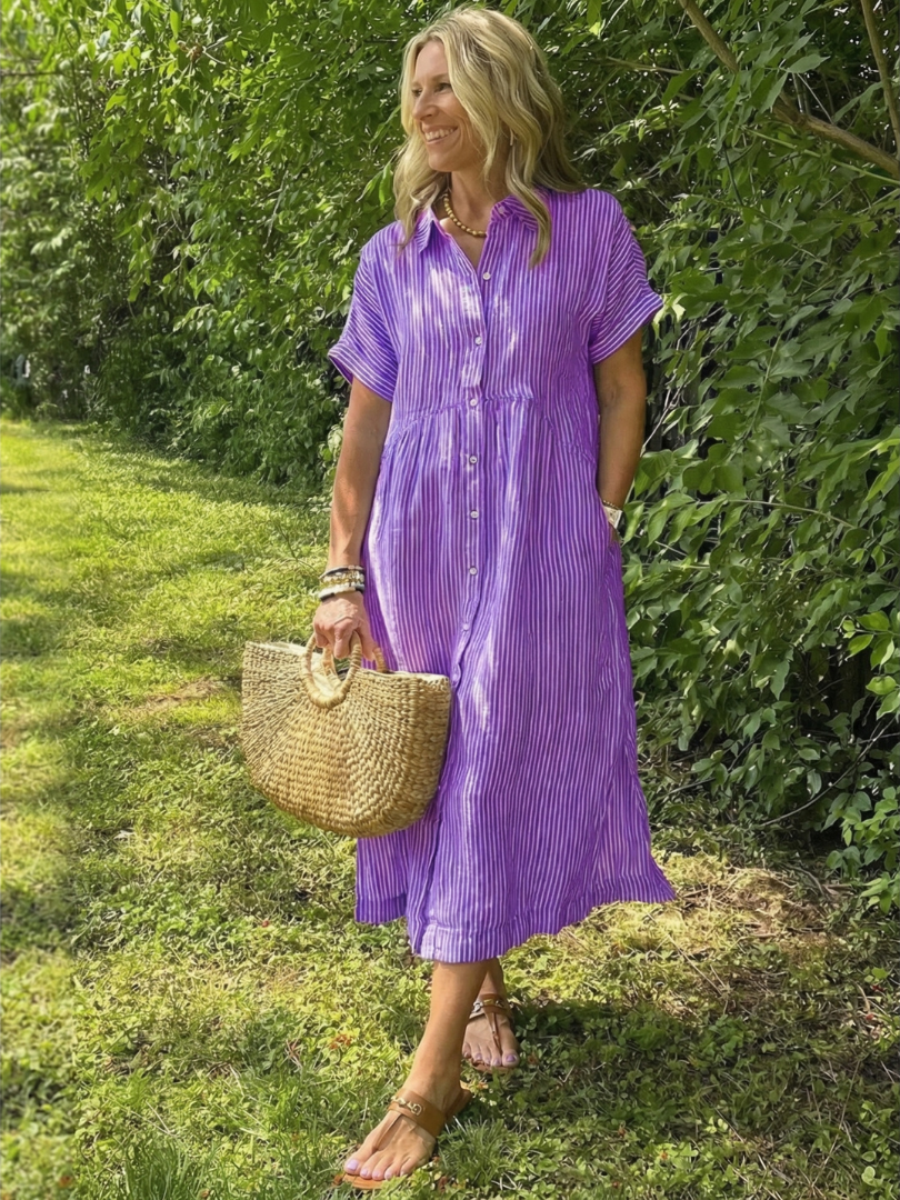 Collared Striped Button Front Short Sleeve Shirt Maxi Dress 3