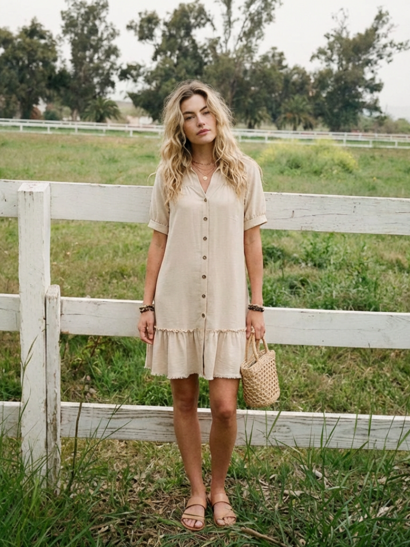 Collared Button Front Short Sleeve Ruffle Hem Shirt Dress 6