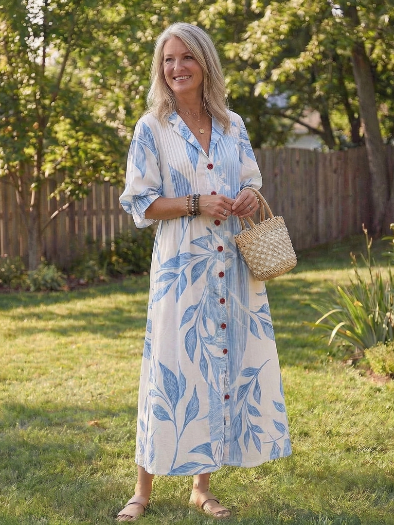 V-Neck Long Sleeve Floral Print Button Front Boho Maxi Dress