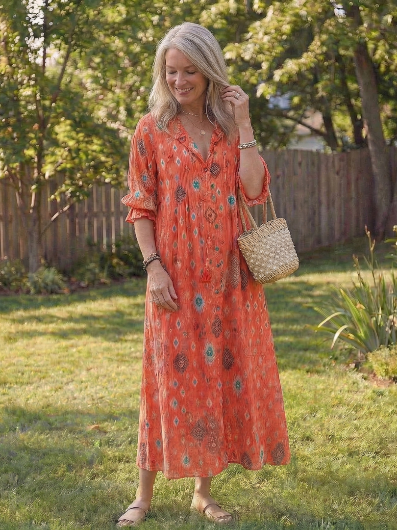 V-Neck Long Sleeve Floral Print Button Front Boho Maxi Dress