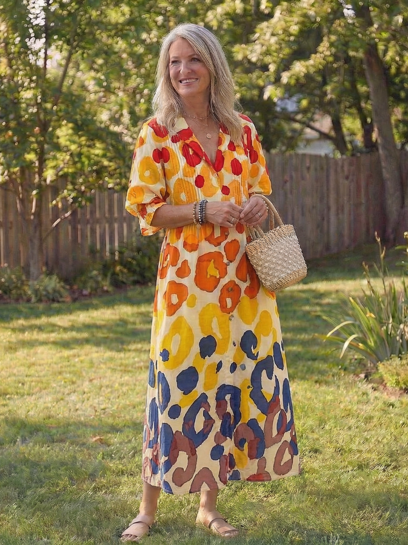 V-Neck Long Sleeve Floral Print Button Front Boho Maxi Dress