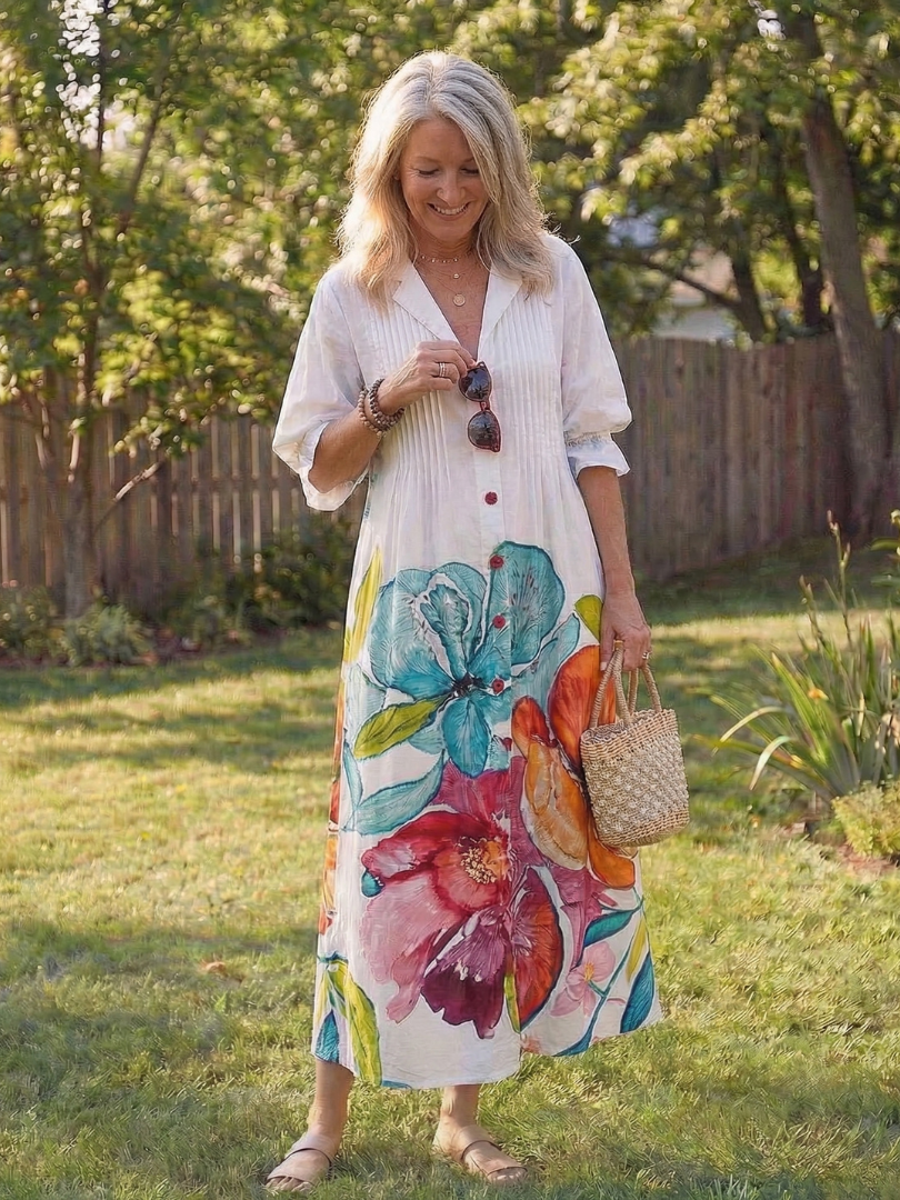 V-Neck Long Sleeve Floral Print Button Front Boho Maxi Dress