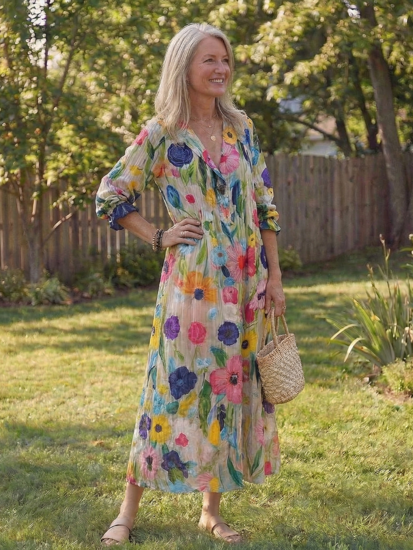 V-Neck Long Sleeve Floral Print Button Front Boho Maxi Dress