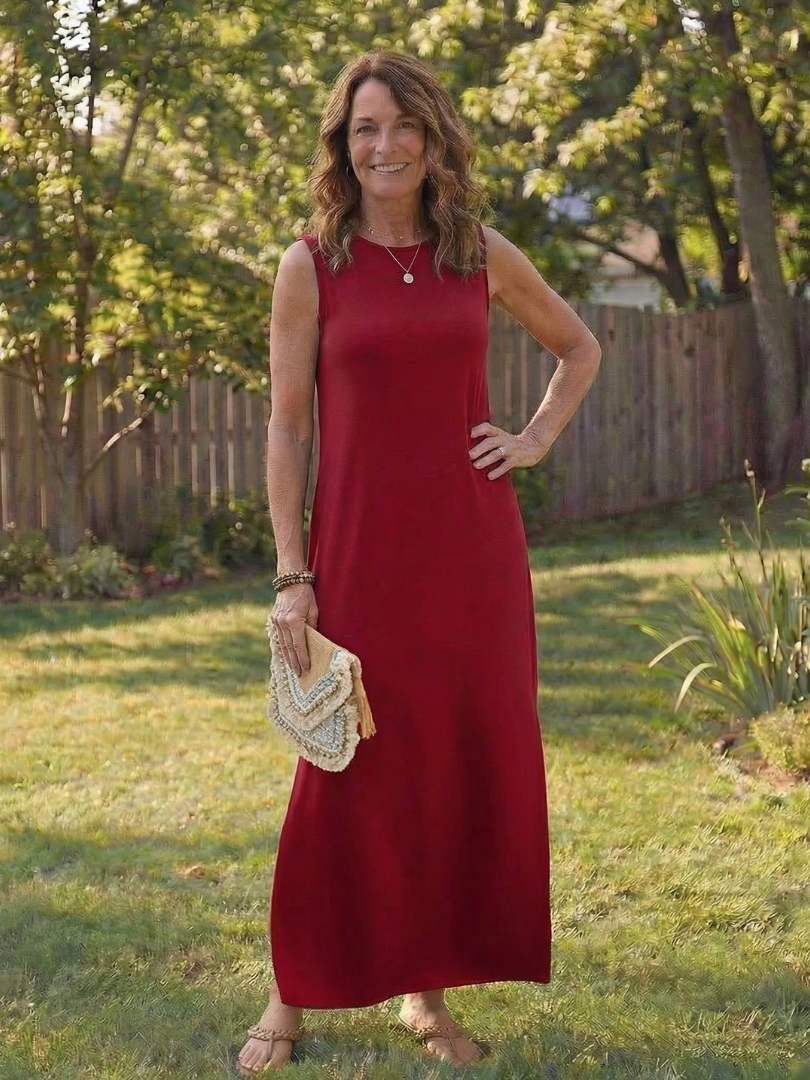 Round Neck Sleeveless Side Slit Column Maxi Dress
