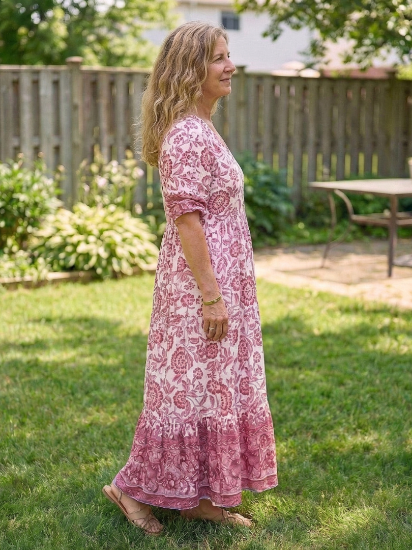 V-Neck Floral Print Short Sleeve Button Front Tiered Maxi Dress