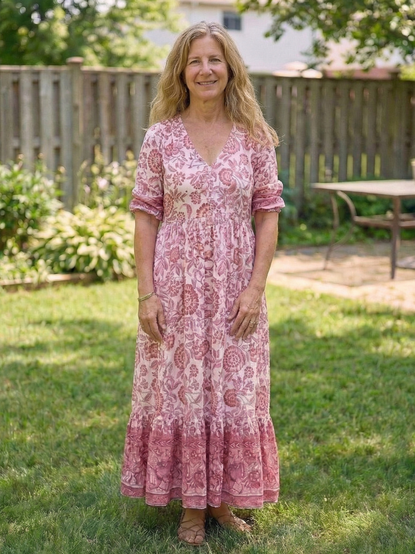V-Neck Floral Print Short Sleeve Button Front Tiered Maxi Dress