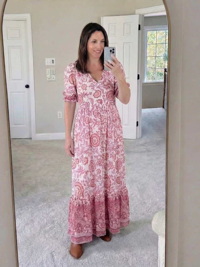 V-Neck Floral Print Short Sleeve Button Front Tiered Maxi Dress