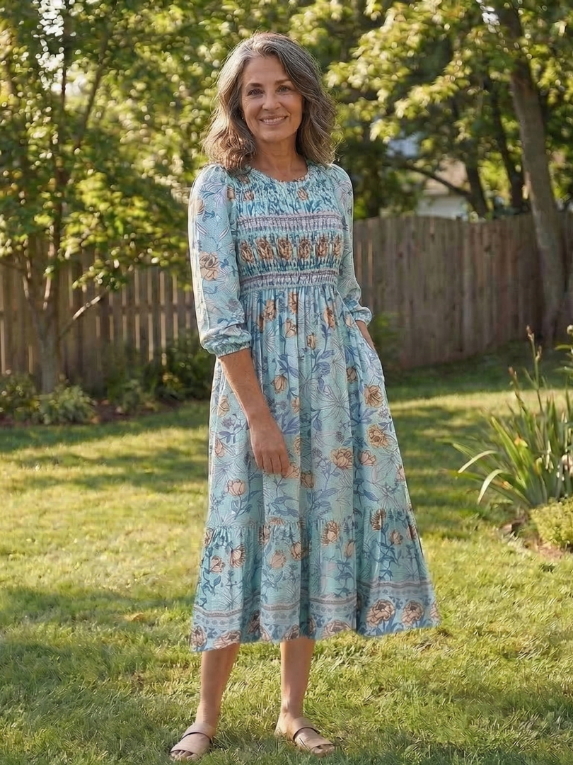 Floral Round Neck Half Sleeve Smocked Floral Print Tiered Midi Dress