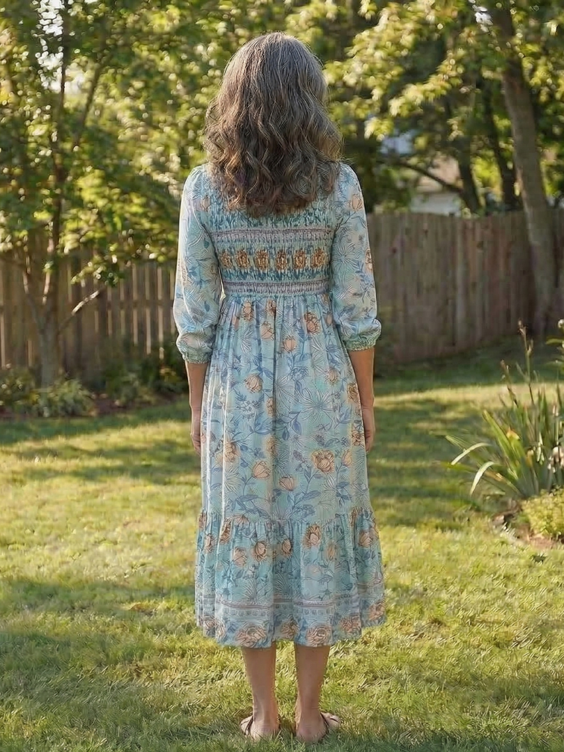 Floral Round Neck Half Sleeve Smocked Floral Print Tiered Midi Dress