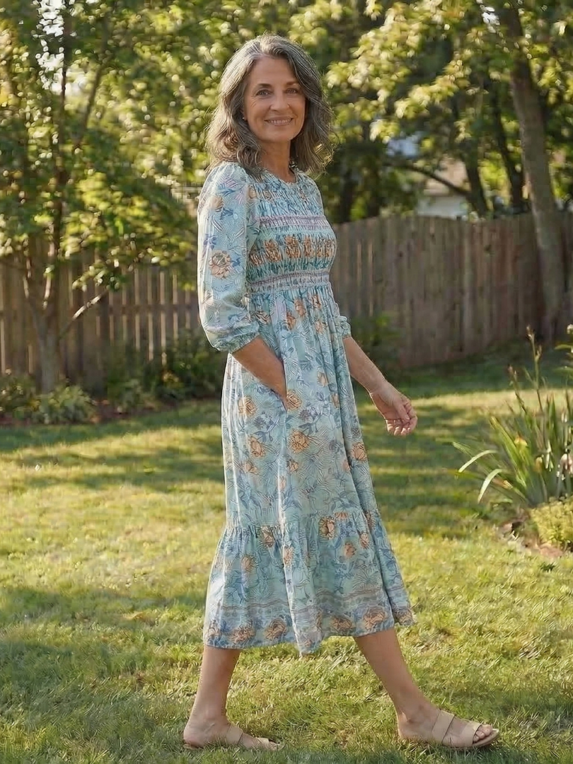 Floral Round Neck Half Sleeve Smocked Floral Print Tiered Midi Dress