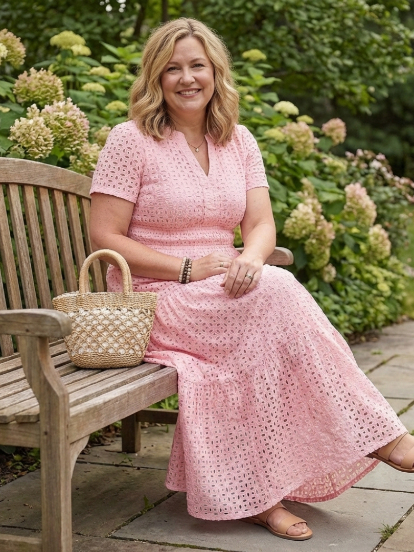 Notch Neck Eyelet Short Sleeve Smocked Waist Tiered Midi Dress