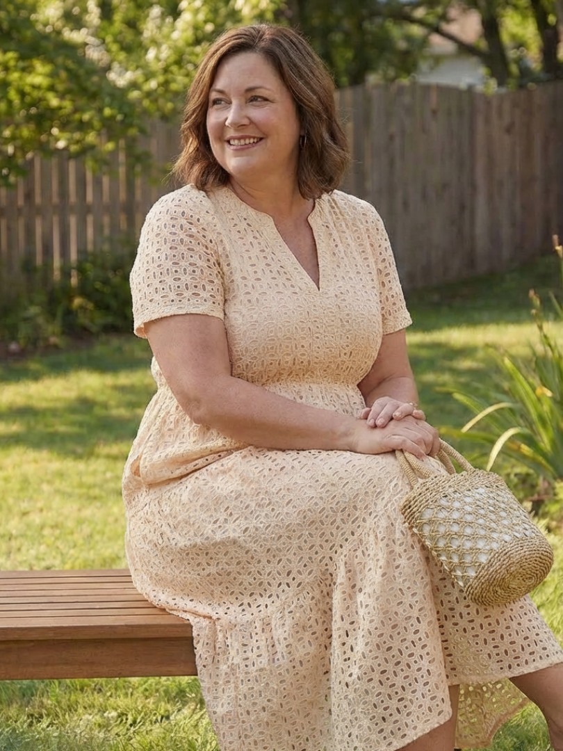 Notch Neck Eyelet Short Sleeve Smocked Waist Tiered Midi Dress