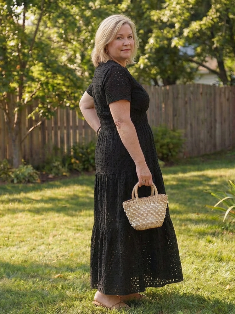 Notch Neck Eyelet Short Sleeve Smocked Waist Tiered Midi Dress