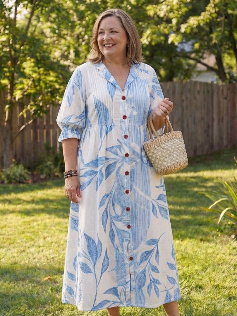 V-Neck Long Sleeve Floral Print Button Front Boho Maxi Dress