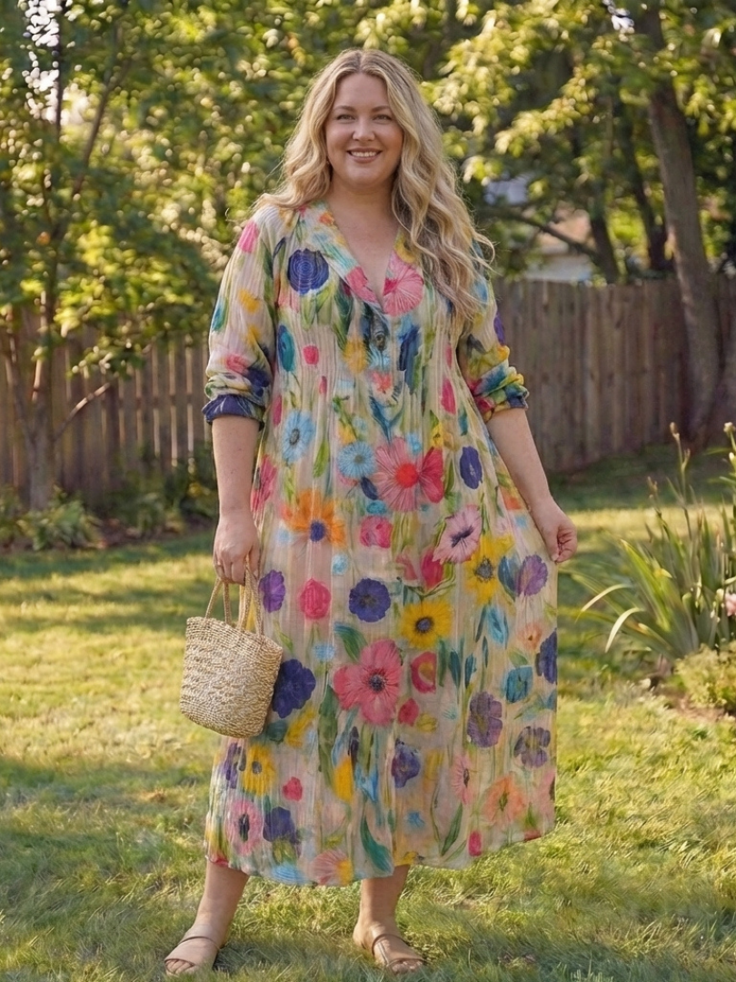 V-Neck Long Sleeve Floral Print Button Front Boho Maxi Dress