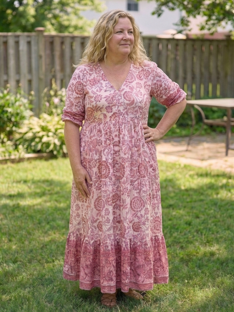 V-Neck Floral Print Short Sleeve Button Front Tiered Maxi Dress