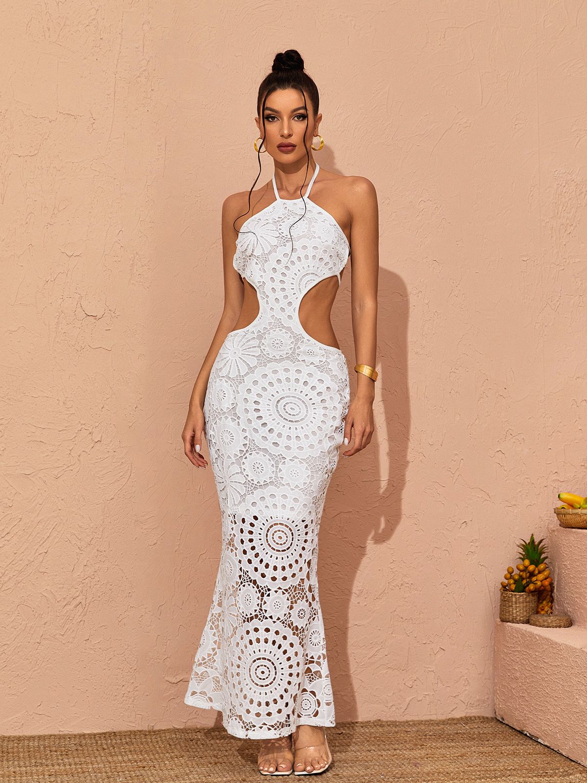 Halter Neck Crochet Lace Cutout Mermaid Maxi Dress