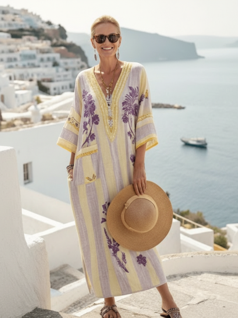 Beige V-Neck Embroidered Floral Striped Linen Kaftan Maxi Dress