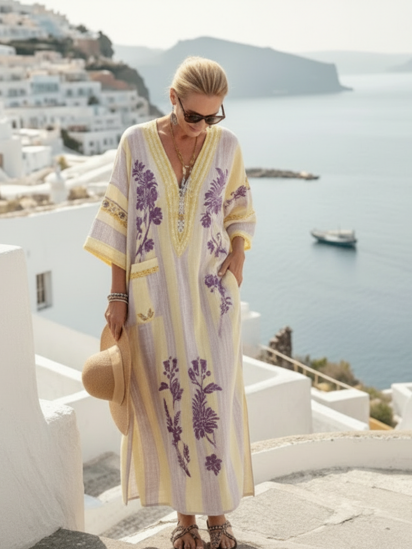 Beige V-Neck Embroidered Floral Striped Linen Kaftan Maxi Dress