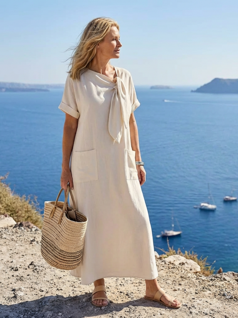 Round Neck Short Sleeve Linen Tie Detail Pocket Maxi Dress 3