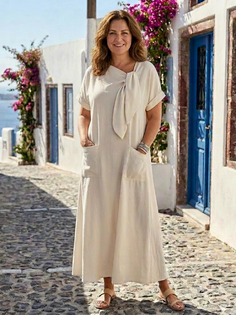 Round Neck Short Sleeve Linen Tie Detail Pocket Maxi Dress