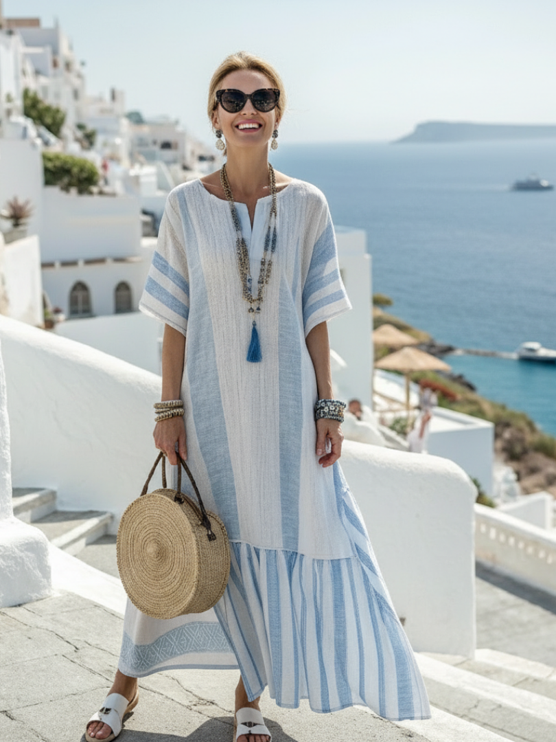 Sky Blue Split Neck Short Sleeve Striped Linen Ruffle Hem Maxi Dress