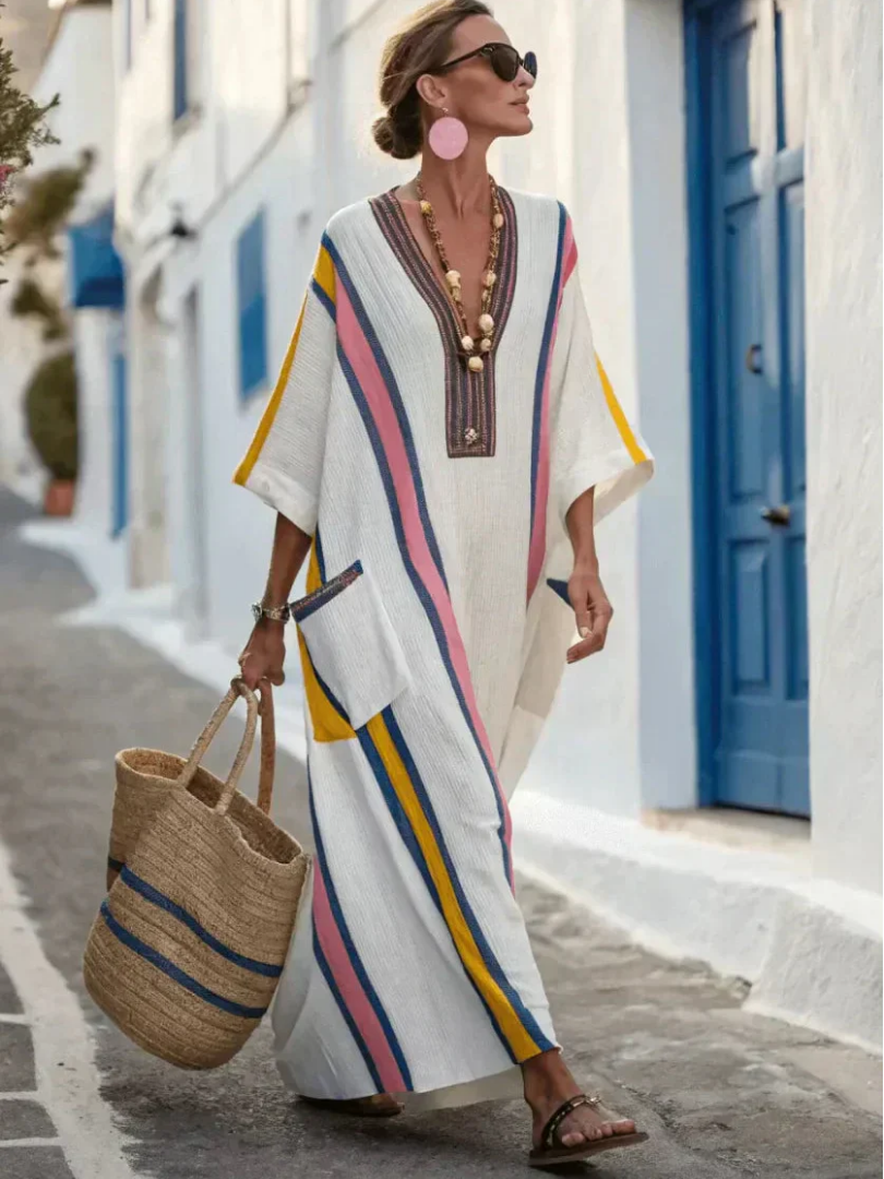 V-Neck Striped Trim Patch Pocket Linen Caftan Maxi Dress