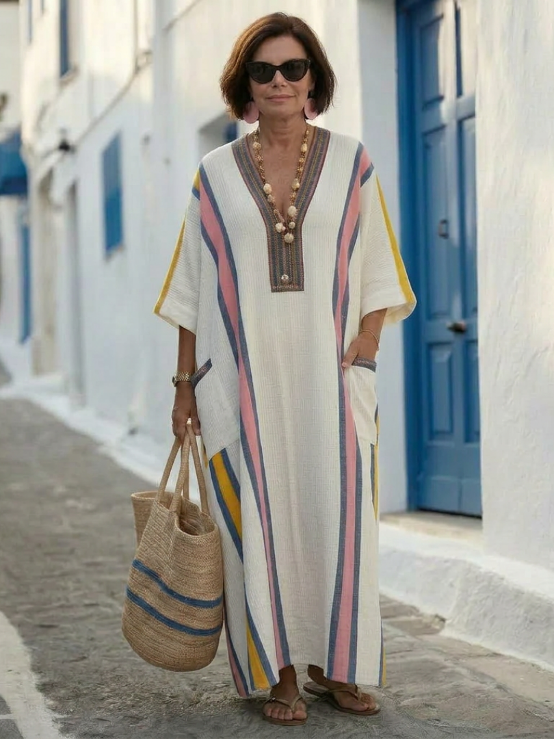 V-Neck Striped Trim Patch Pocket Linen Caftan Maxi Dress