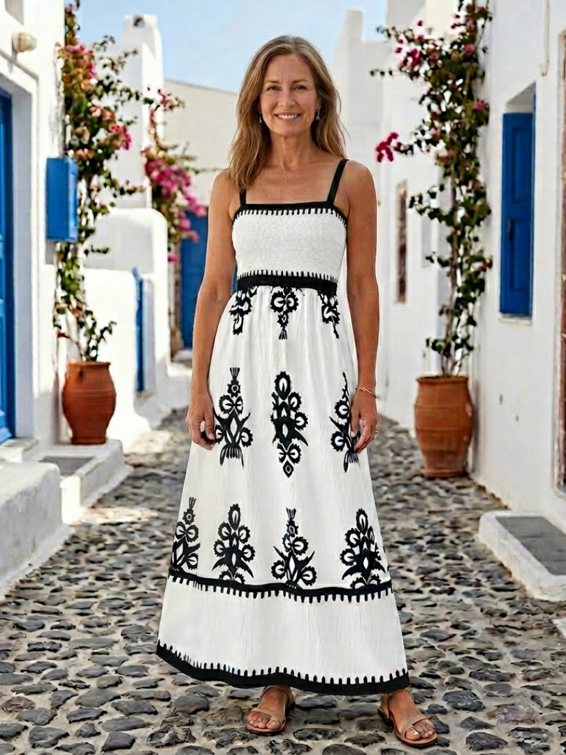 Square Neck Smocked Bodice Folk Print Strap A-Line Maxi Dress