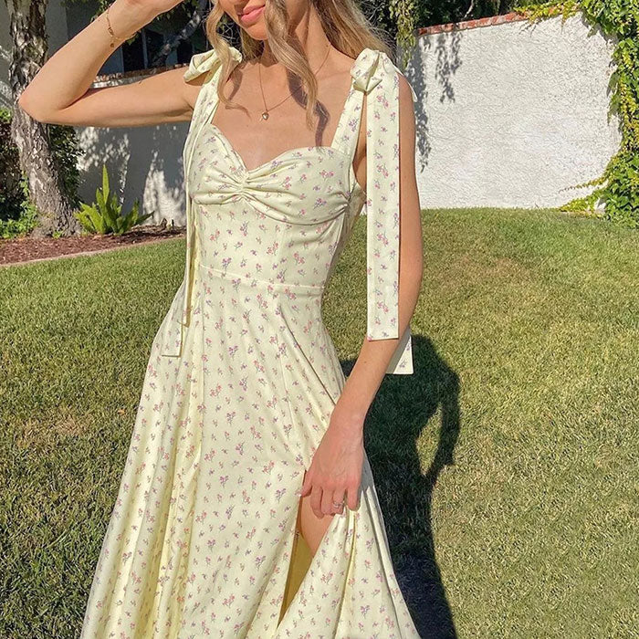 Sweetheart Tie Shoulder Ruched Bust Ditsy Floral High Slit Midi Dress 2