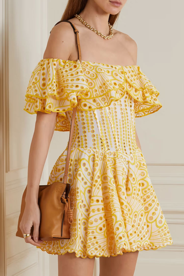 Yellow Off-Shoulder Broderie Anglaise Eyelet Ruffle Fit Flare Mini Dress