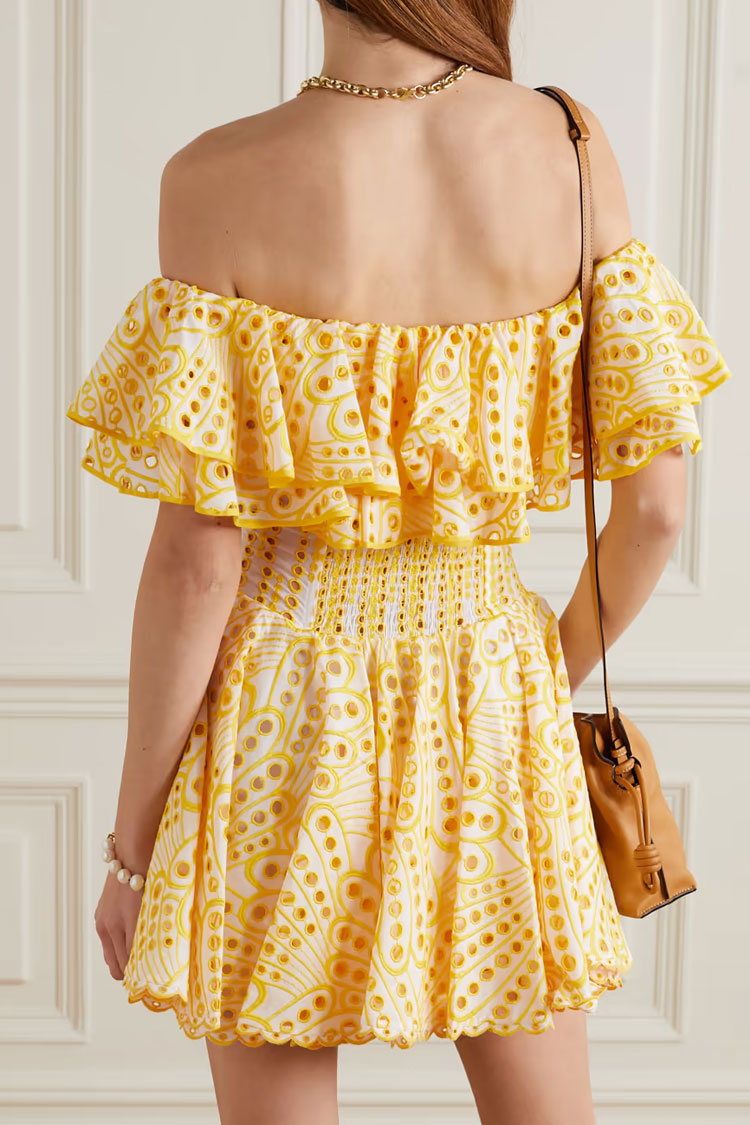 Yellow Off-Shoulder Broderie Anglaise Eyelet Ruffle Fit Flare Mini Dress